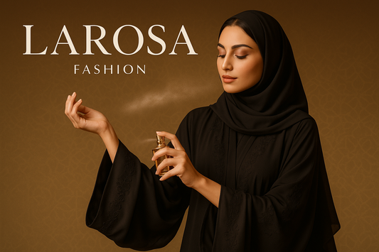 generate banner image for model girl in abaya and using perfume spray for larosa